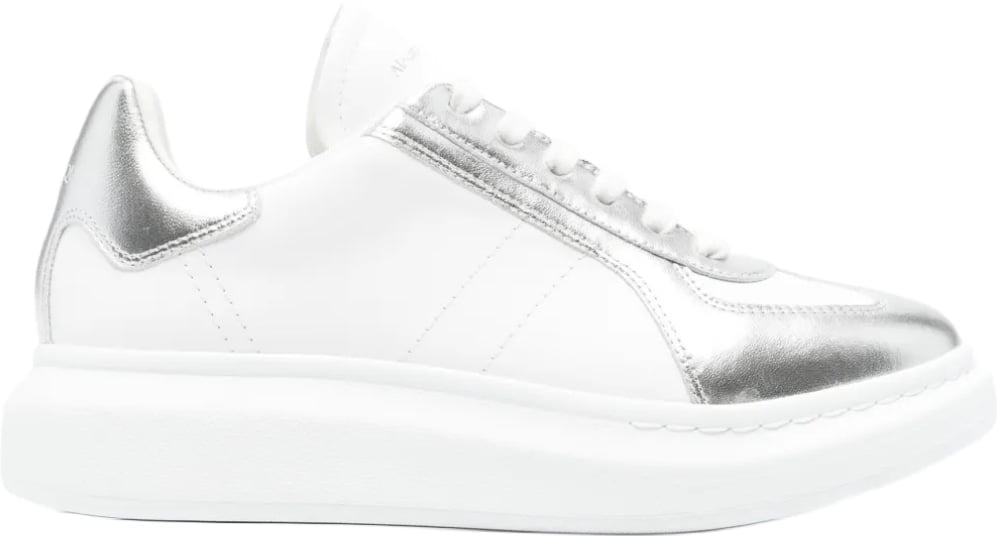 Alexander McQueen Men's Oversized Metallic-Panel Sneakers White Silver