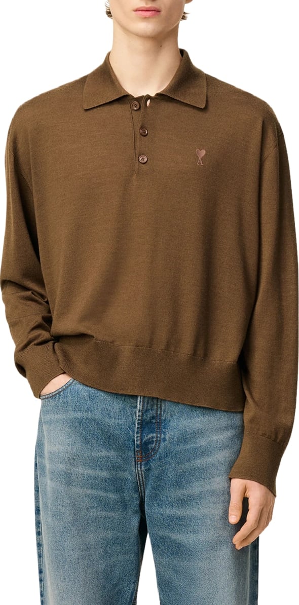 Ami Paris Ami de Coeur Men's Wool-Silk Polo Brown