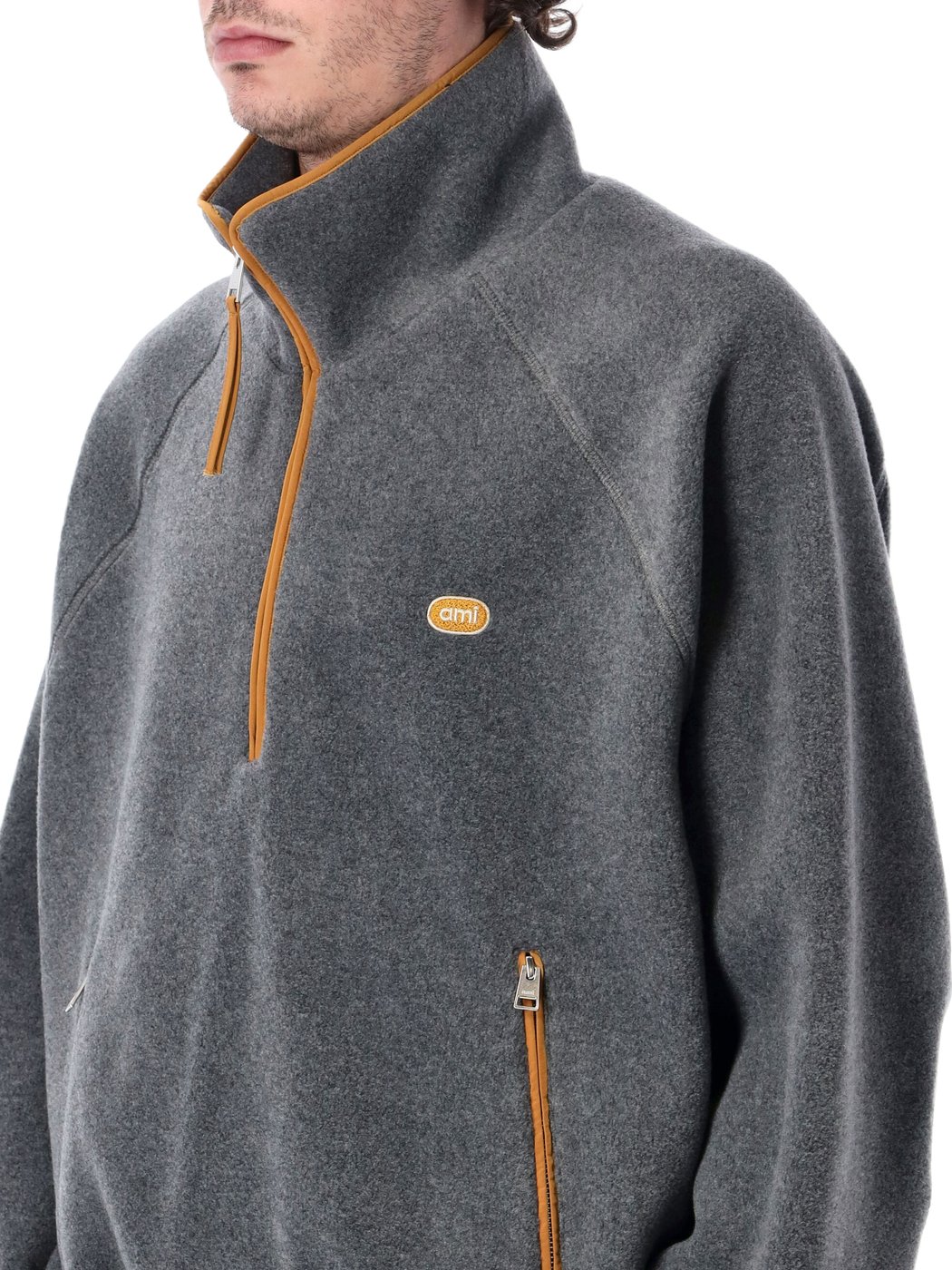 Ami Half Zipped Vareuse With Nylon Detai Gris Cendre