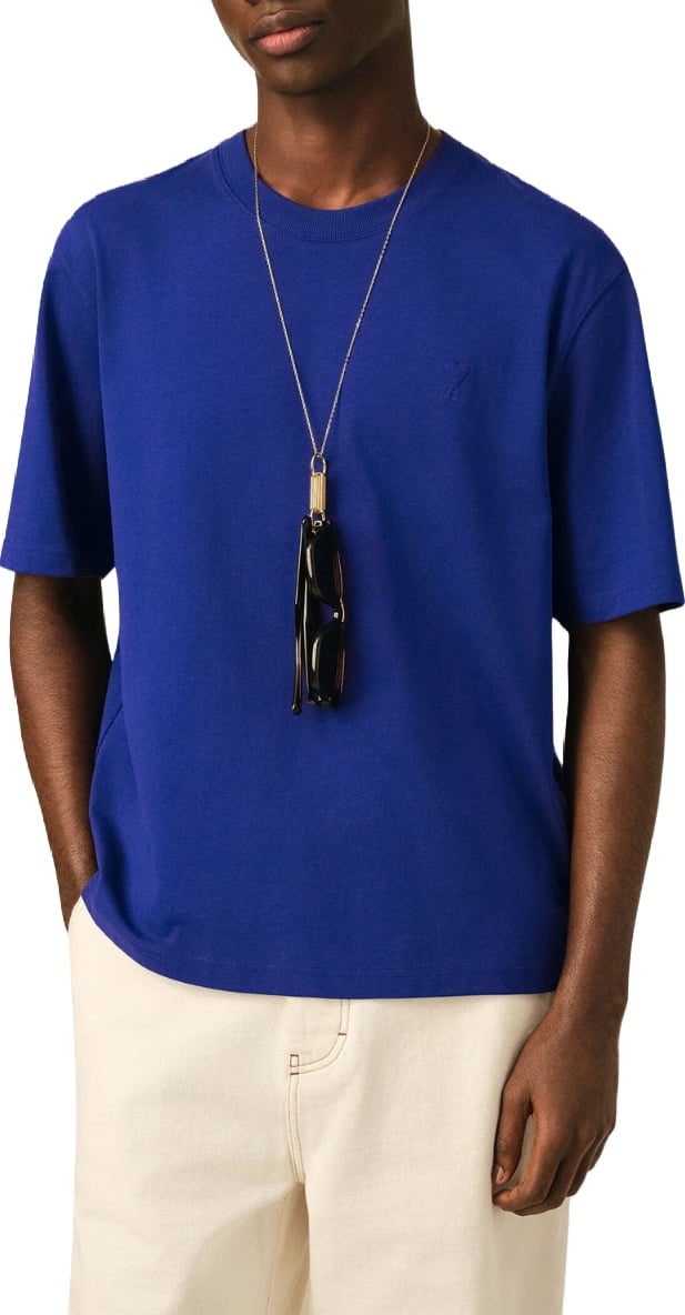 Ami Paris Blue cotton t-shirt with embossed Ami de Coeur