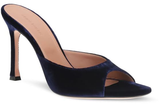 Amina Muaddi Blue Velvet Stiletto Heel Sandals