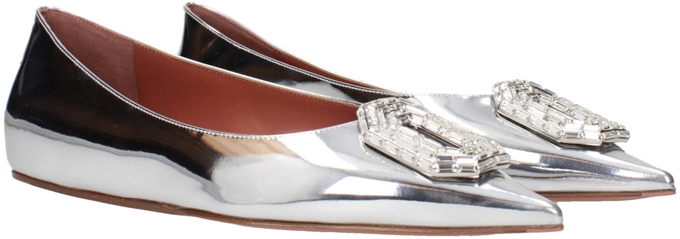 Amina Muaddi Gray Leather Ballet Flats