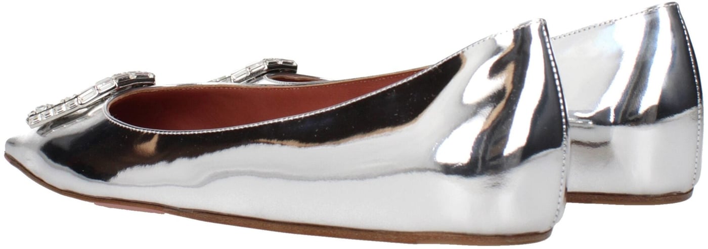 Amina Muaddi Gray Leather Ballet Flats