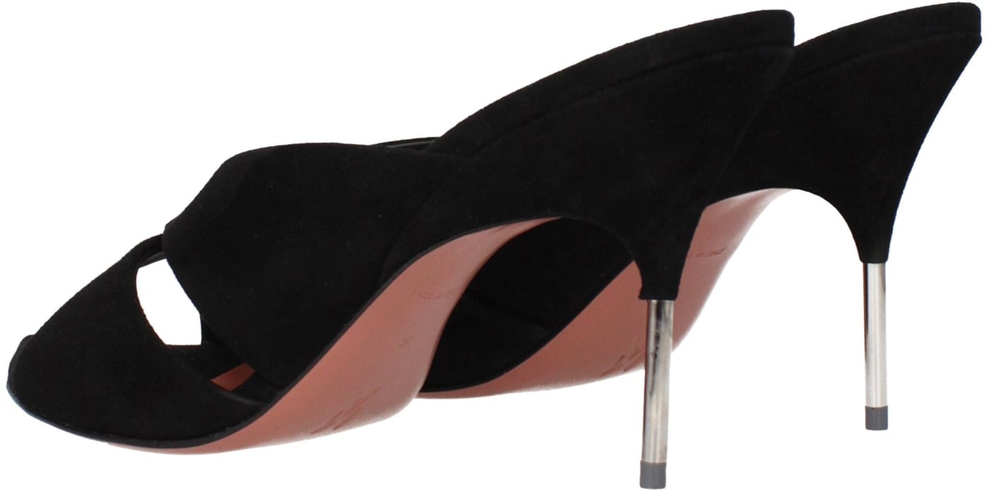Amina Muaddi Black Leather Stiletto Heel Sandals