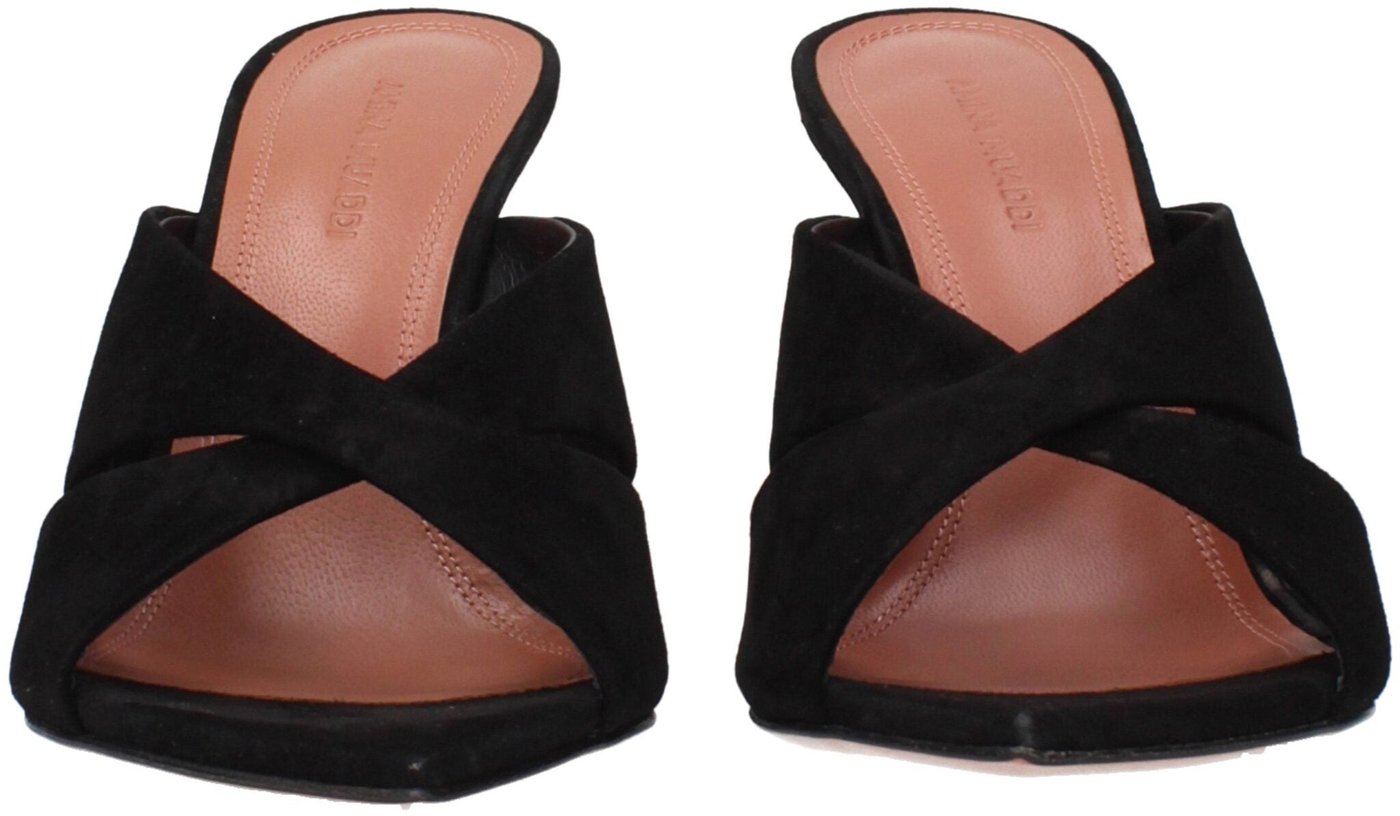 Amina Muaddi Black Leather Stiletto Heel Sandals