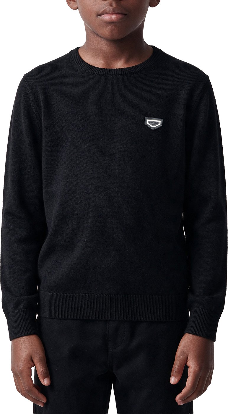 Black regular-fit crew-neck sweater in soft cotton with logo on metal badge
