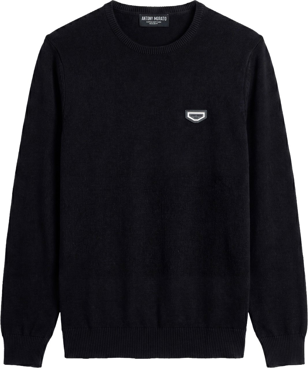 Black regular-fit crew-neck sweater in soft cotton with logo on metal badge