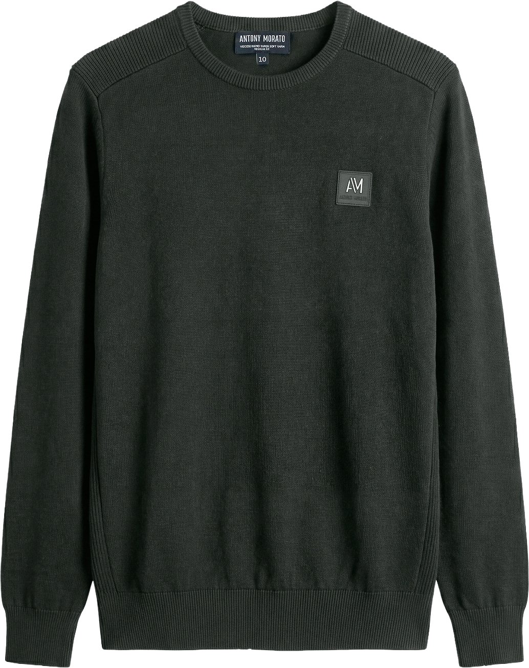 Forest green regular-fit long-sleeve crew-neck sweater in viscose with metal logo on rubber patch