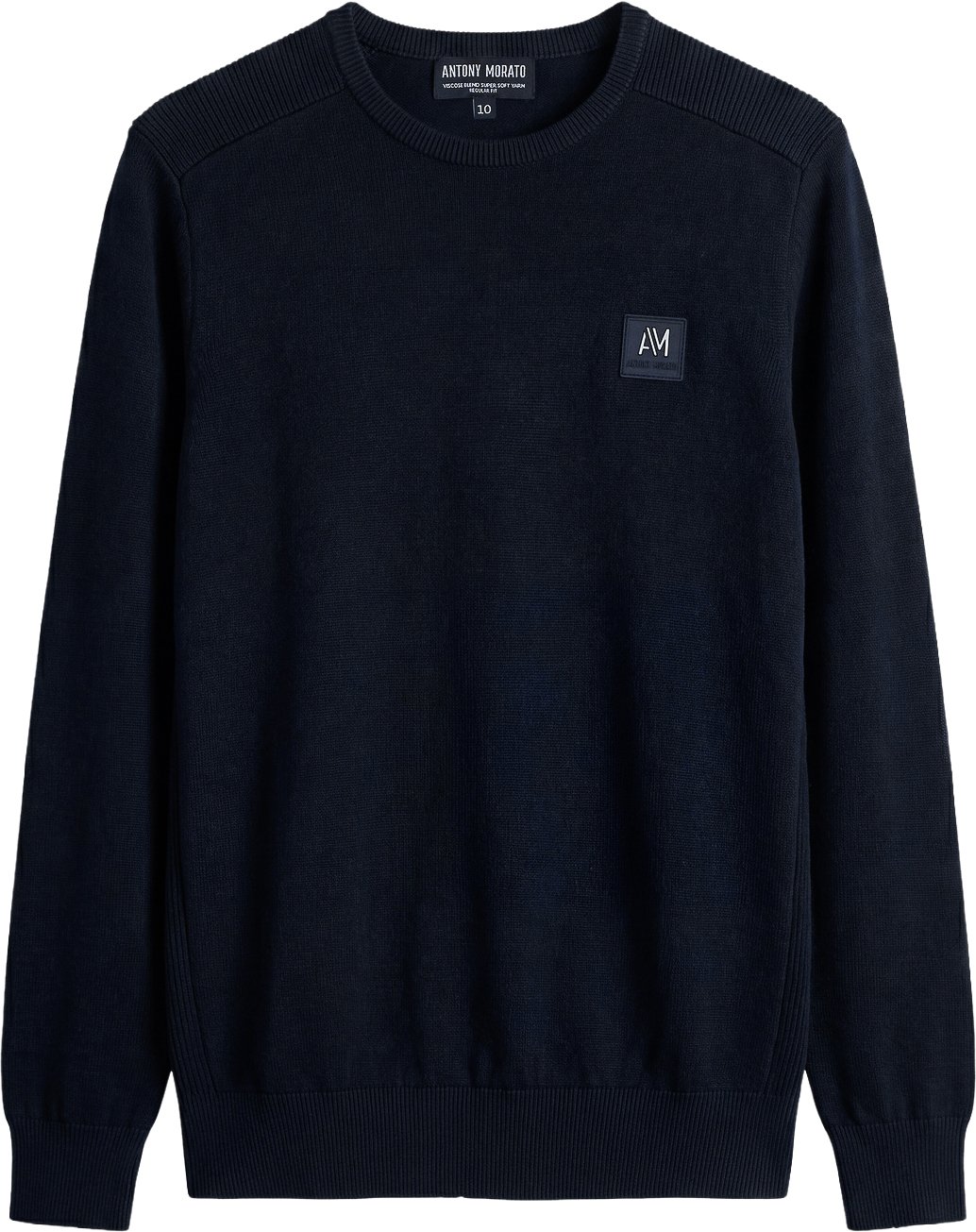 Marine regular-fit long-sleeve crew-neck sweater in viscose with metal logo on rubber patch