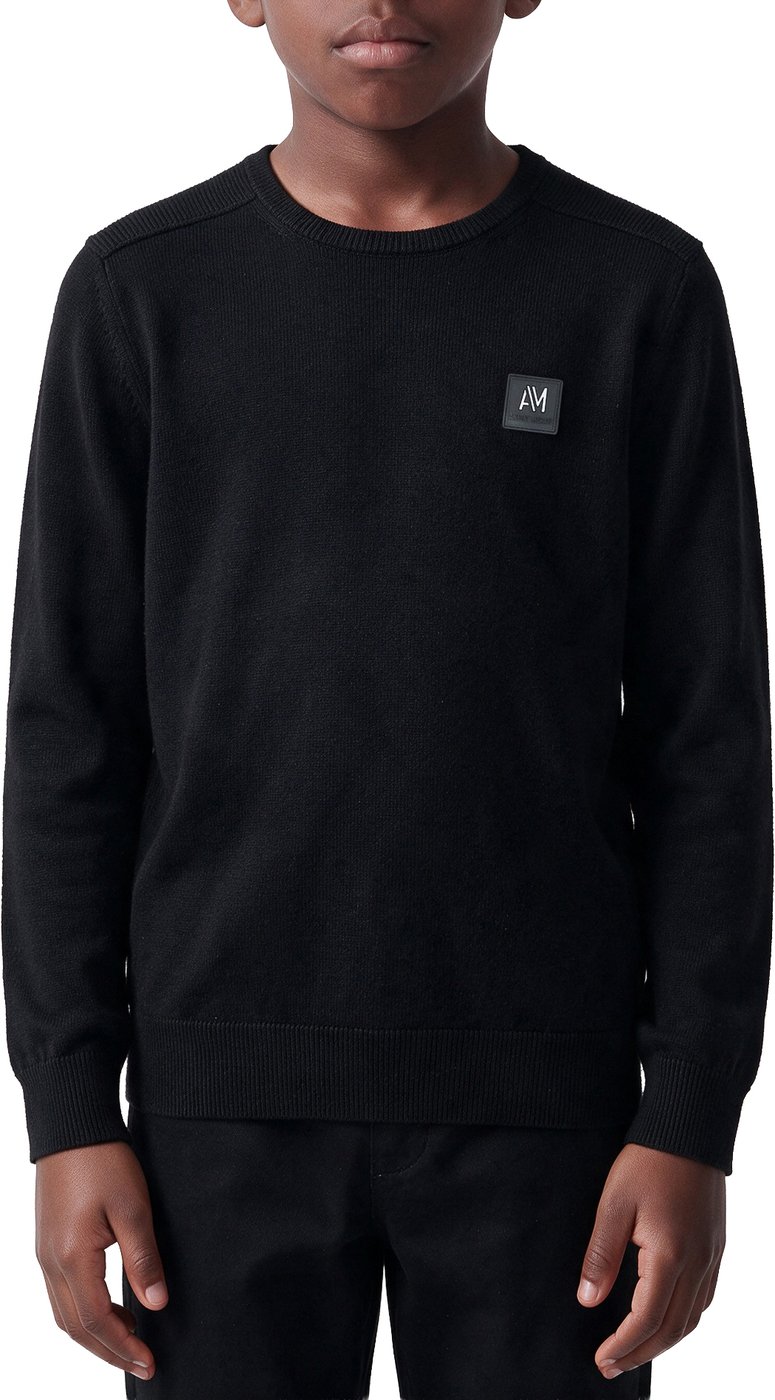 Black regular-fit long-sleeve crew-neck sweater in viscose with metal logo on rubber patch