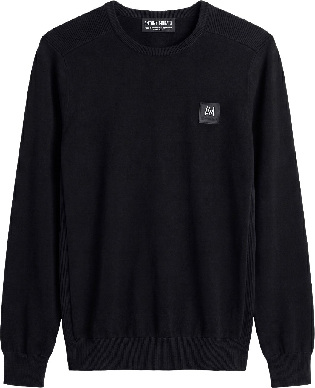 Black regular-fit long-sleeve crew-neck sweater in viscose with metal logo on rubber patch