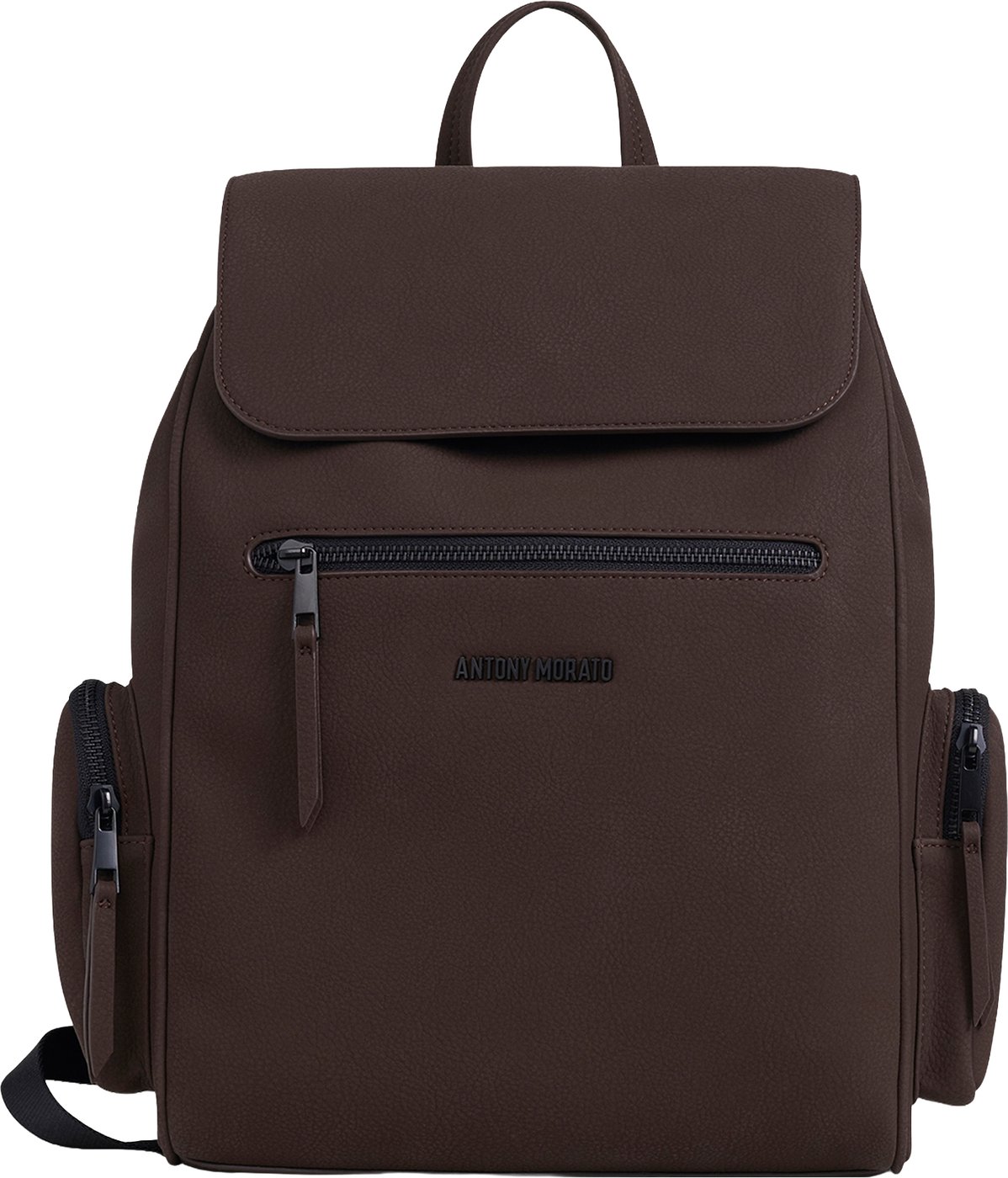 Coffee backpack in nubuck faux leather with metal zip pockets and 3D logo