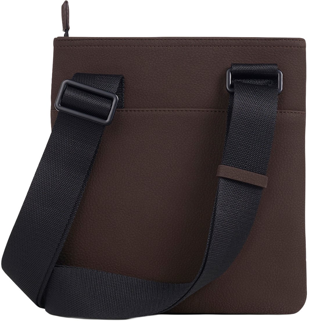 Coffee messenger bag in nubuck faux leather with metal zip pocket, 3D logo and adjustable strap