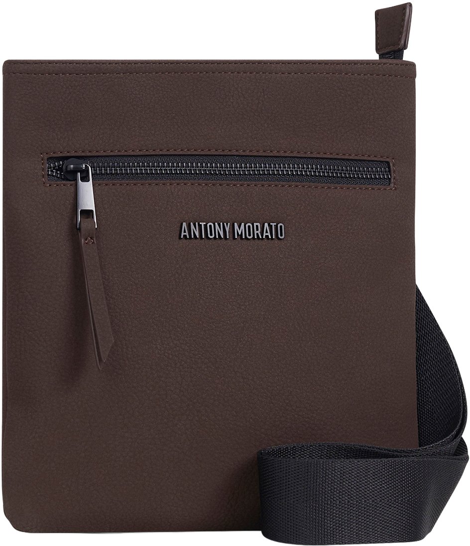 Coffee messenger bag in nubuck faux leather with metal zip pocket, 3D logo and adjustable strap