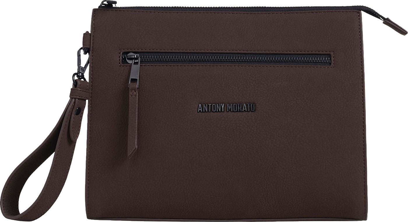 Coffee clutch in faux leather with metal zip pockets, 3D logo and detachable handle