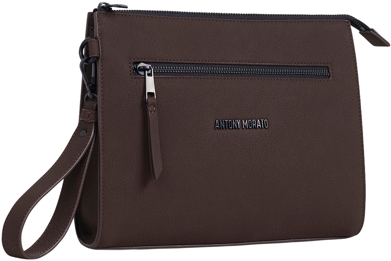 Coffee clutch in faux leather with metal zip pockets, 3D logo and detachable handle