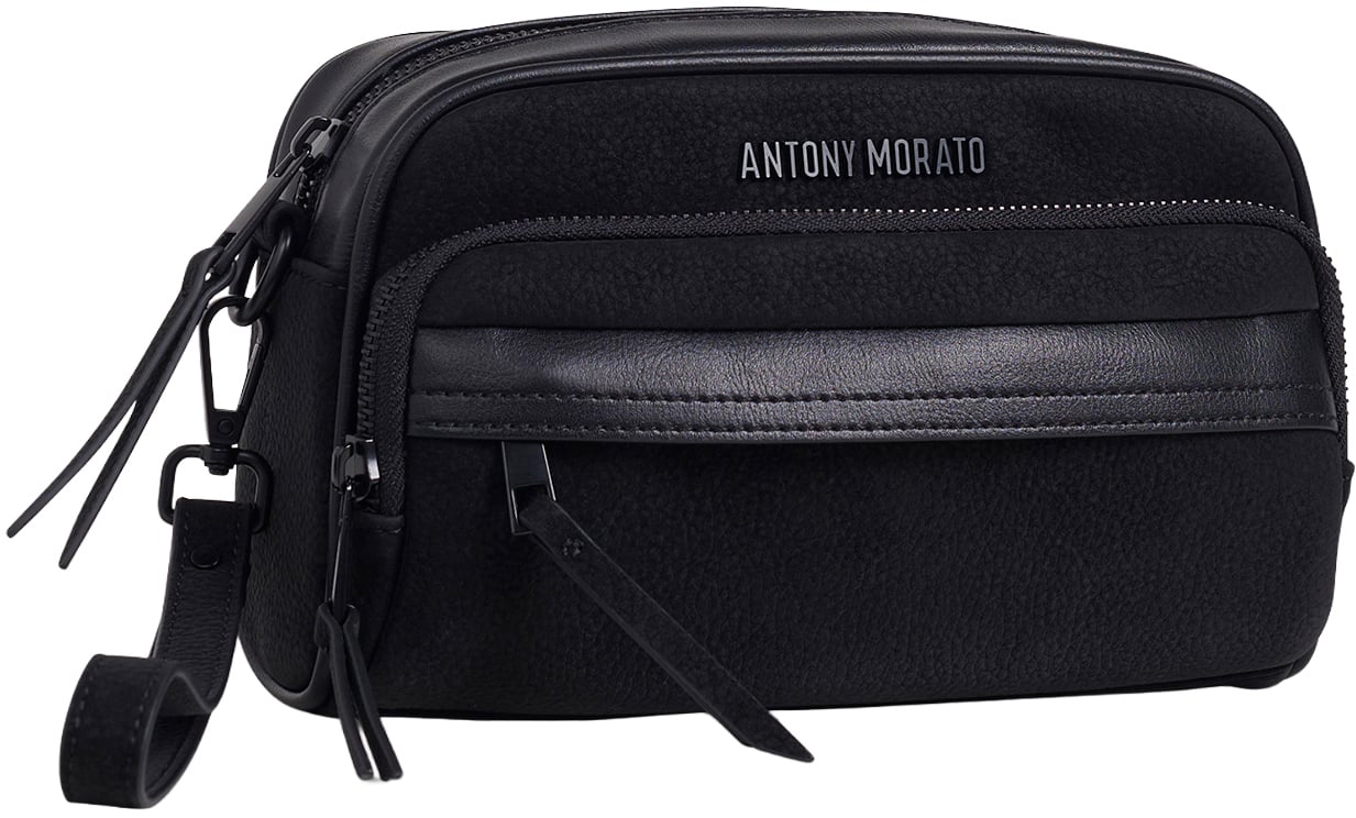 Black pouch in nubuck faux leather with metal zip pockets, logo and detachable handle