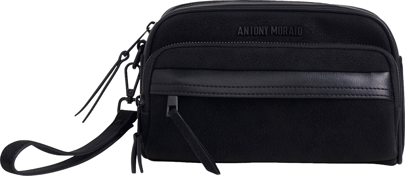 Black pouch in nubuck faux leather with metal zip pockets, logo and detachable handle