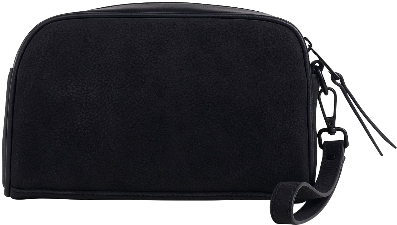 Black pouch in nubuck faux leather with metal zip pockets, logo and detachable handle