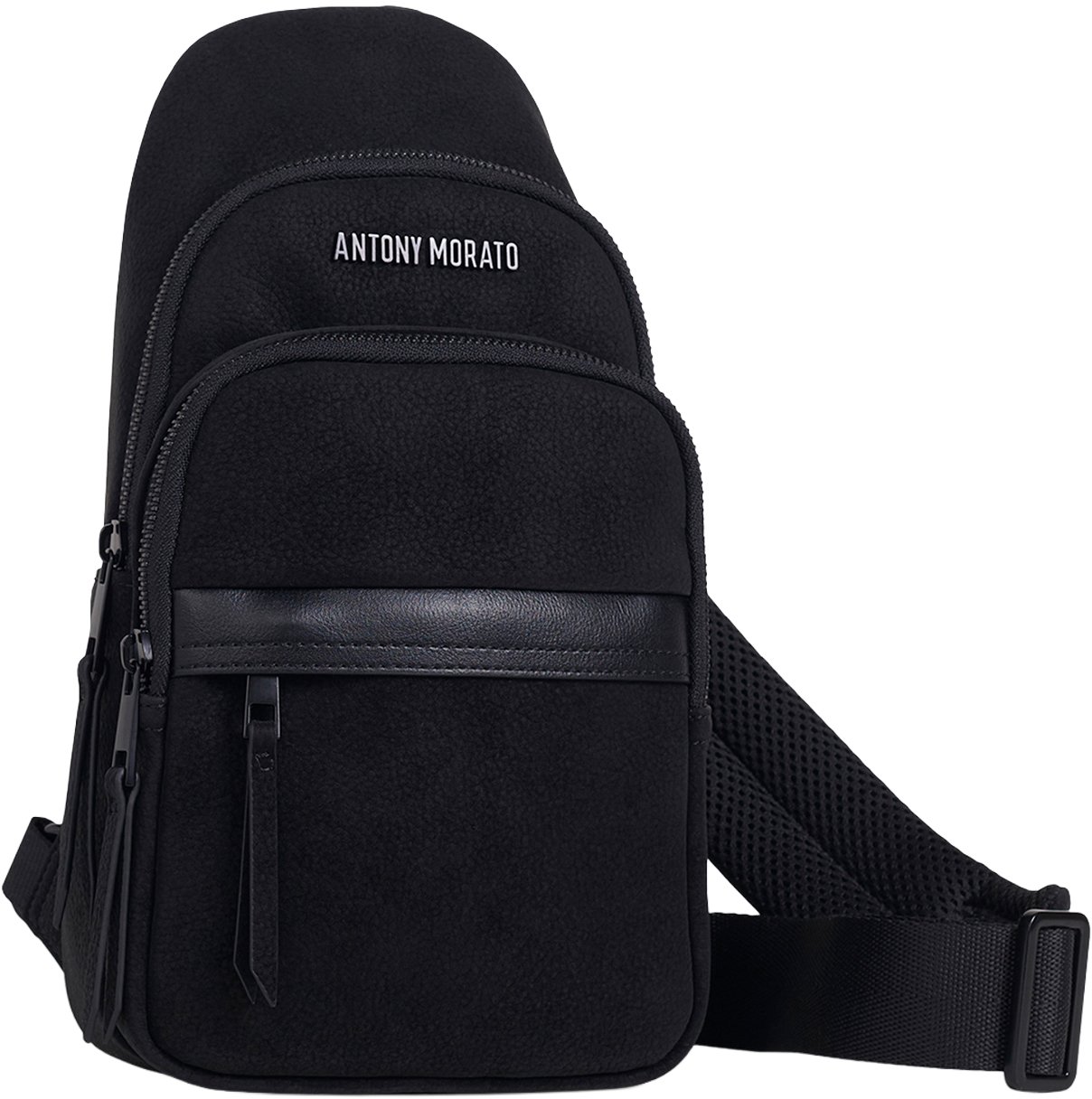 Black sling backpack in nubuck faux leather with metal zip pockets, 3D logo and adjustable strap