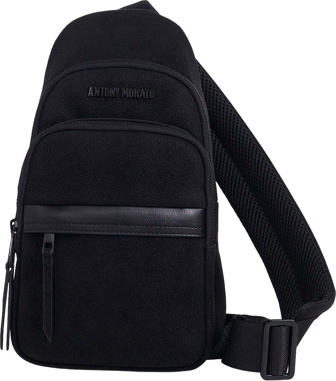 Black sling backpack in nubuck faux leather with metal zip pockets, 3D logo and adjustable strap