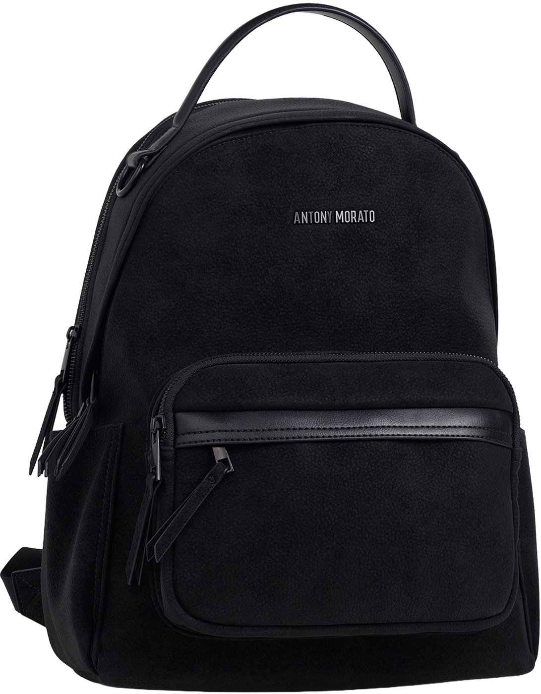 Black backpack in nubuck faux leather with metal zip pockets and 3D logo