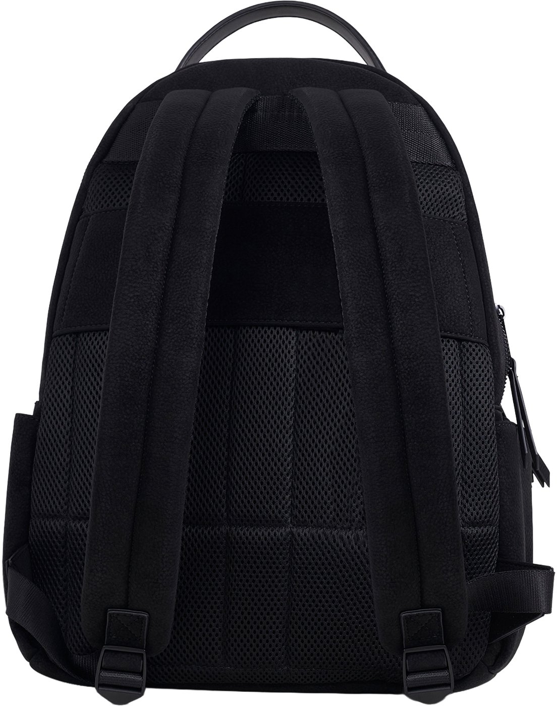 Black backpack in nubuck faux leather with metal zip pockets and 3D logo