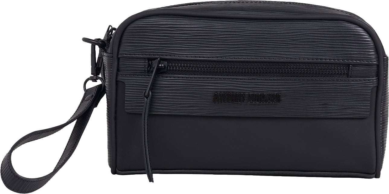 Black pouch in faux leather with metal zip pocket, 3D logo and detachable handle