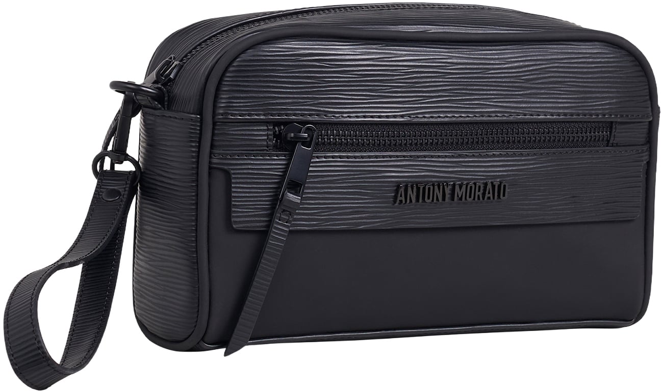 Black pouch in faux leather with metal zip pocket, 3D logo and detachable handle