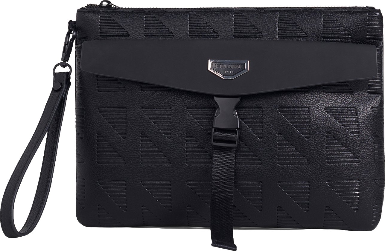 Black pouch in faux leather with all-over print, logo on metal plate and detachable handle