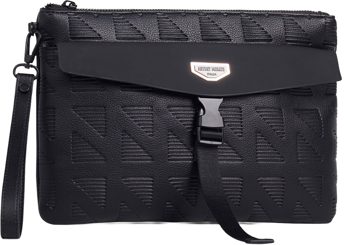 Black pouch in faux leather with all-over print, logo on metal plate and detachable handle