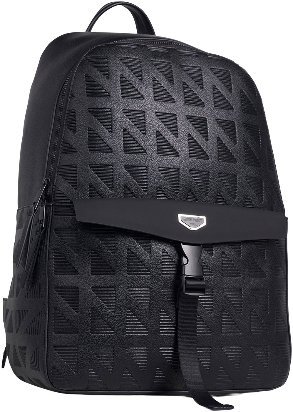 Black backpack in faux leather with all-over print and logo on metal plate