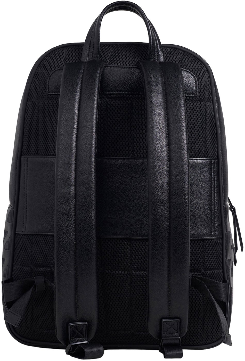 Black backpack in faux leather with all-over print and logo on metal plate
