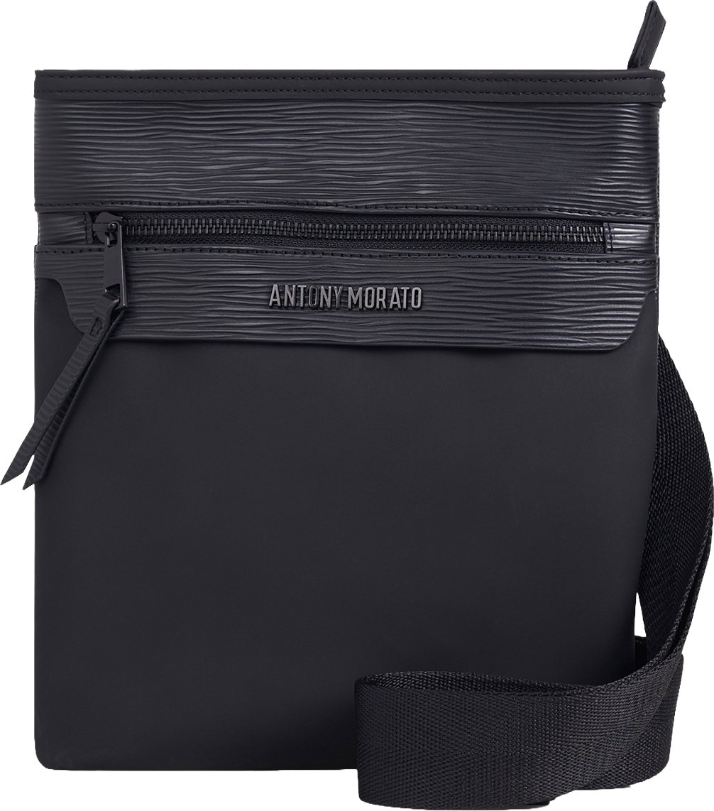 Black messenger bag in faux leather with metal zip pocket, 3D logo and adjustable strap