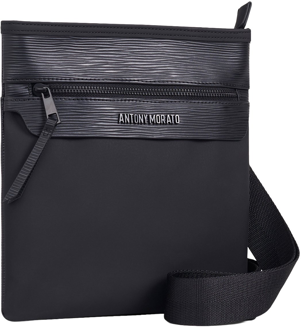 Black messenger bag in faux leather with metal zip pocket, 3D logo and adjustable strap