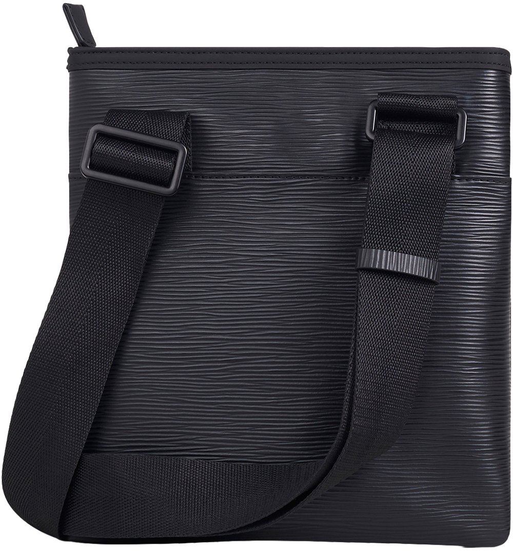 Black messenger bag in faux leather with metal zip pocket, 3D logo and adjustable strap