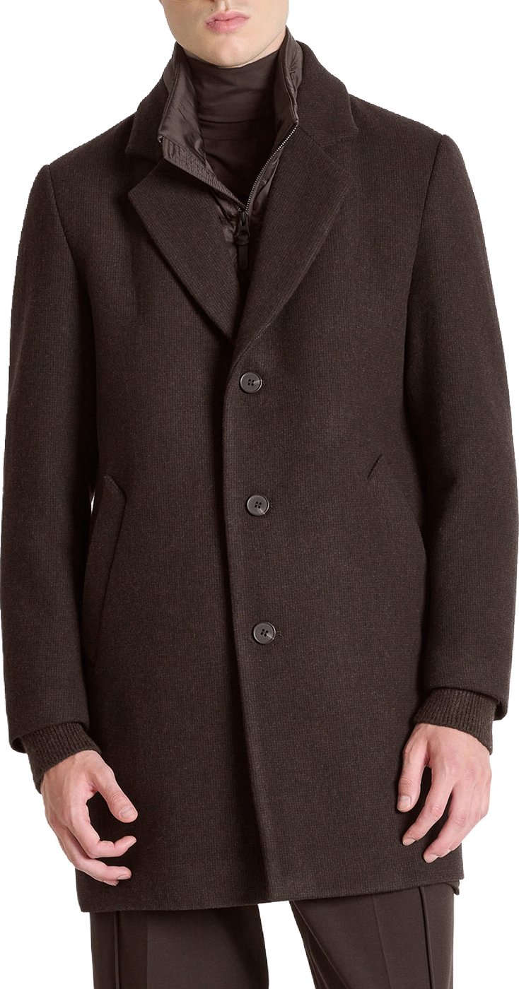 "Rupert" coffee regular-fit coat in dobby wool-alpaca blend with padded techno contrast