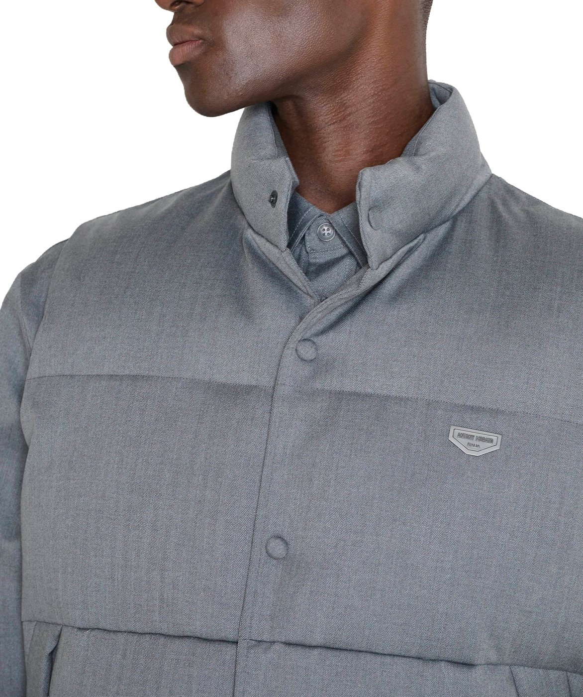 Medium grey melange regular-fit sleeveless coat in herringbone viscose with metal logo plaque
