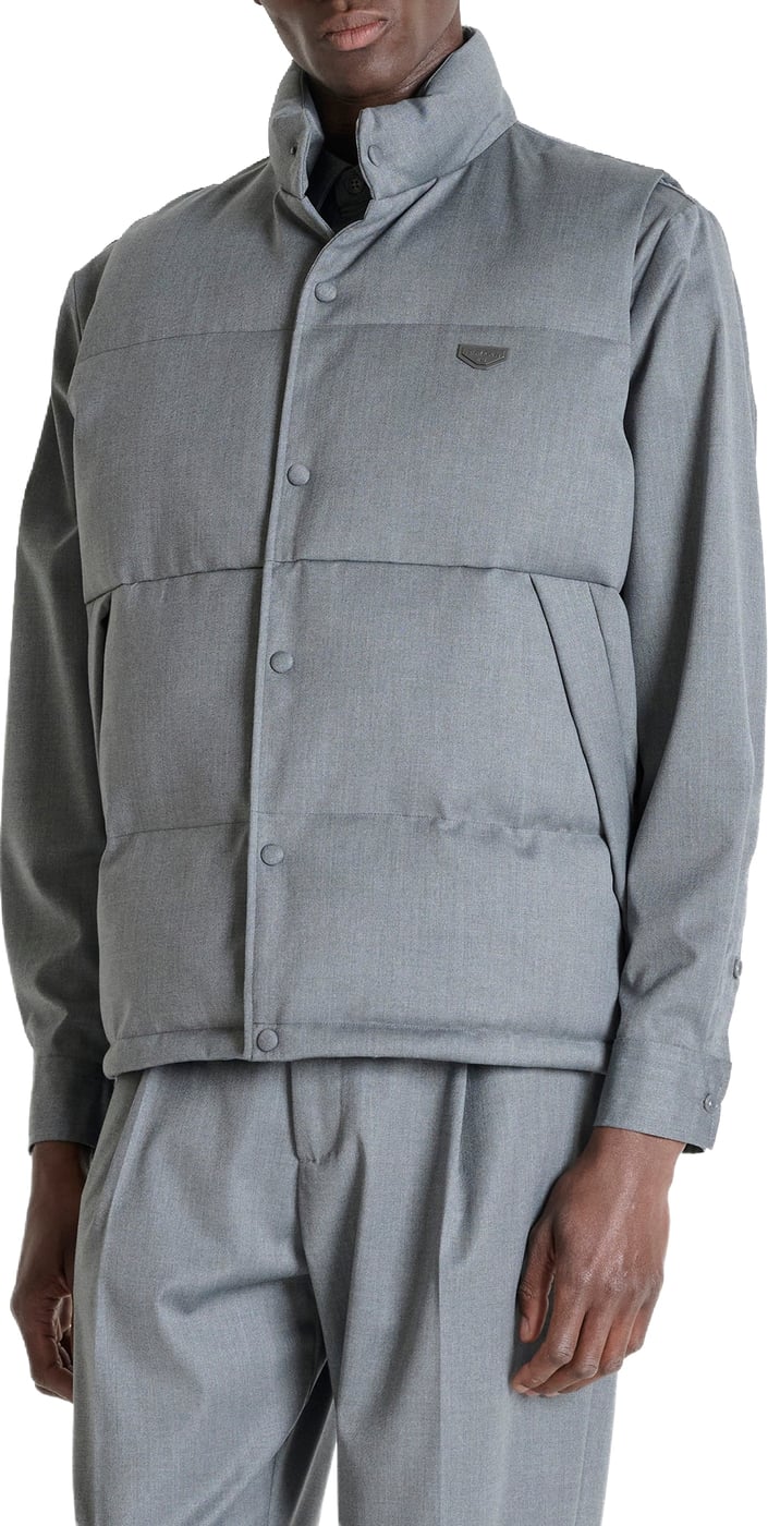 Medium grey melange regular-fit sleeveless coat in herringbone viscose with metal logo plaque