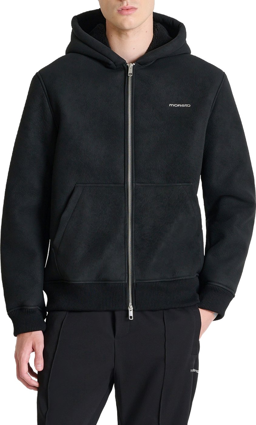 Black regular-fit hooded coat in faux leather