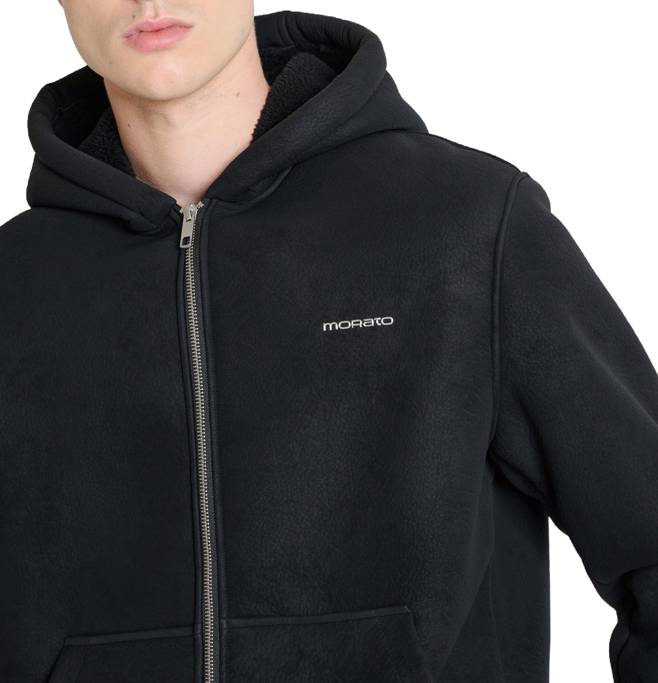 Black regular-fit hooded coat in faux leather