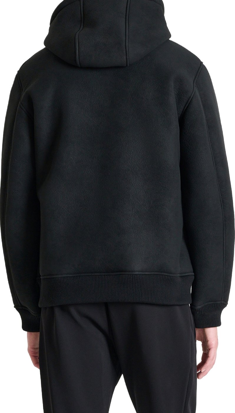 Black regular-fit hooded coat in faux leather