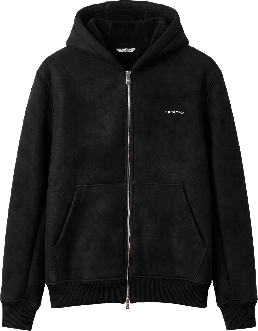 Black regular-fit hooded coat in faux leather