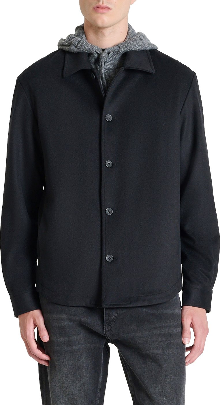 Black relaxed-fit coat in melton wool with logo on metal badge