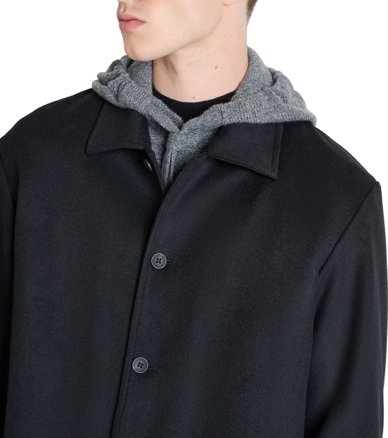 Black relaxed-fit coat in melton wool with logo on metal badge