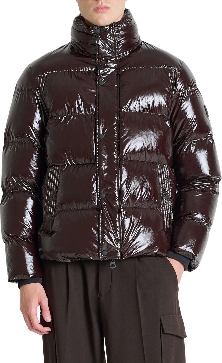 Coffee relaxed-fit coat in shiny-finish nylon