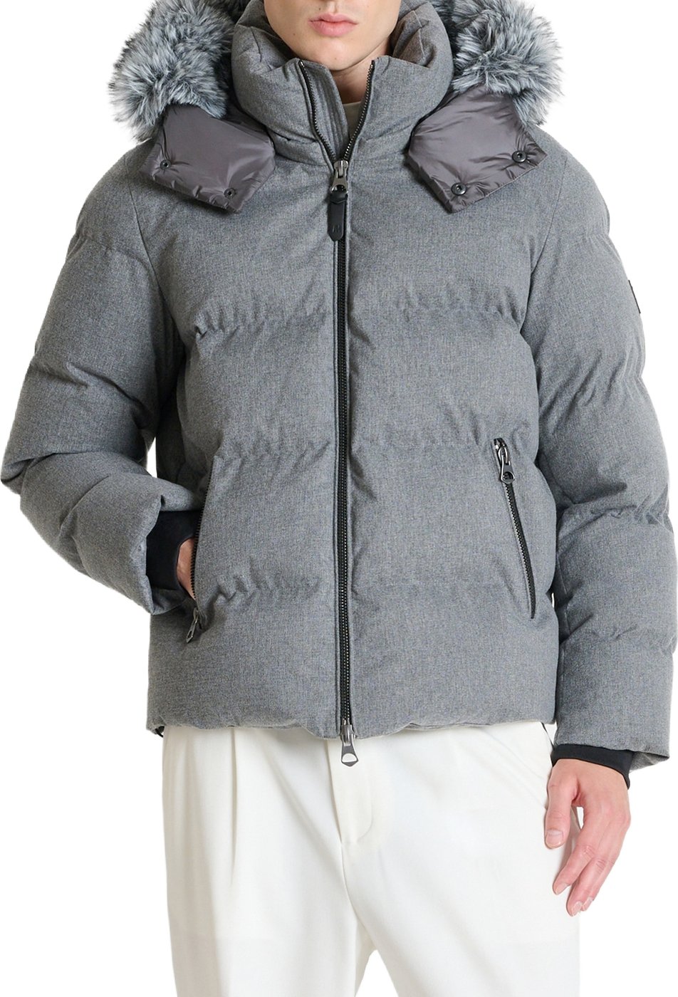 Medium grey melange relaxed-fit coat in herringbone technical fabric with eco-padding and faux fur hood