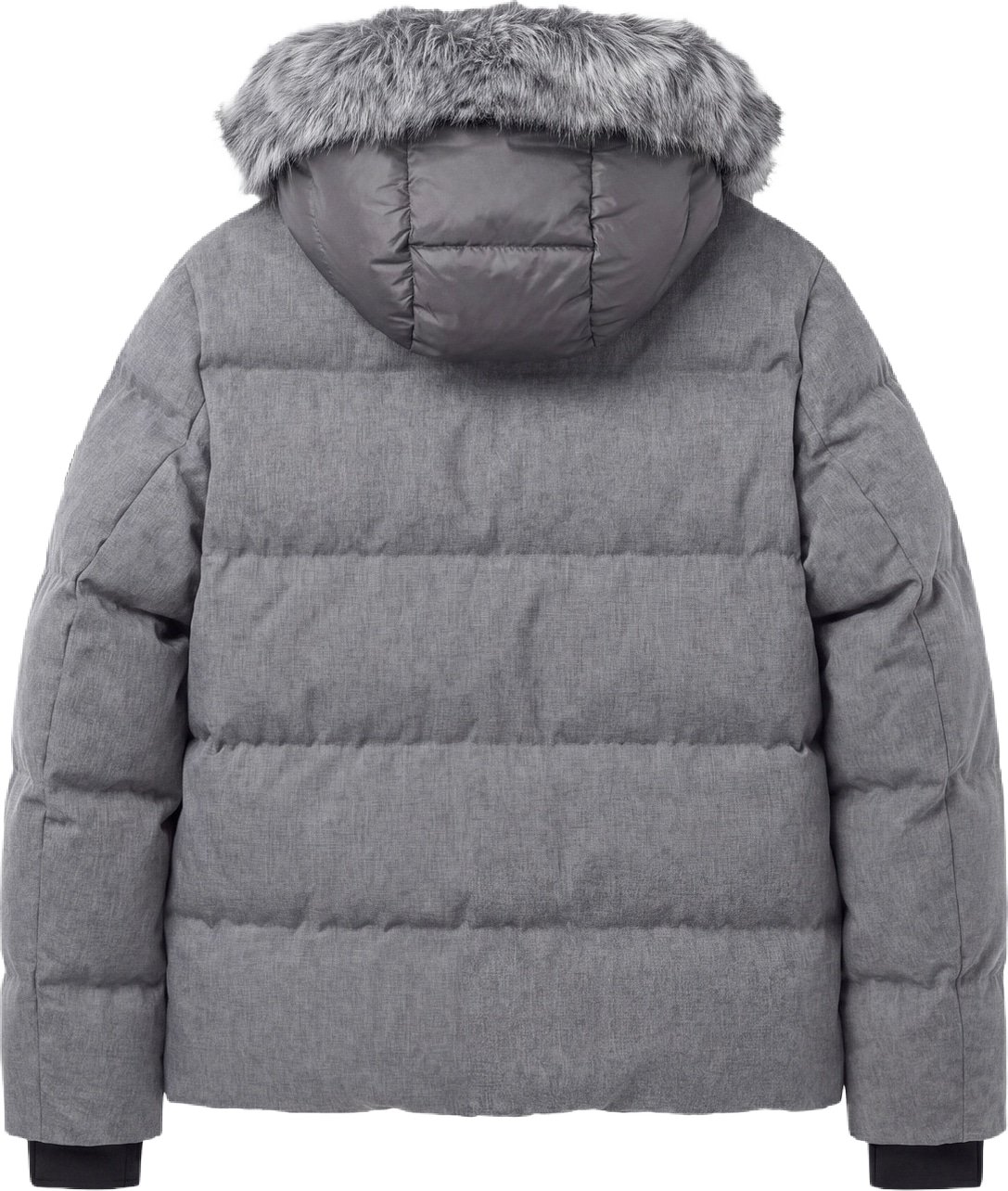 Medium grey melange relaxed-fit coat in herringbone technical fabric with eco-padding and faux fur hood
