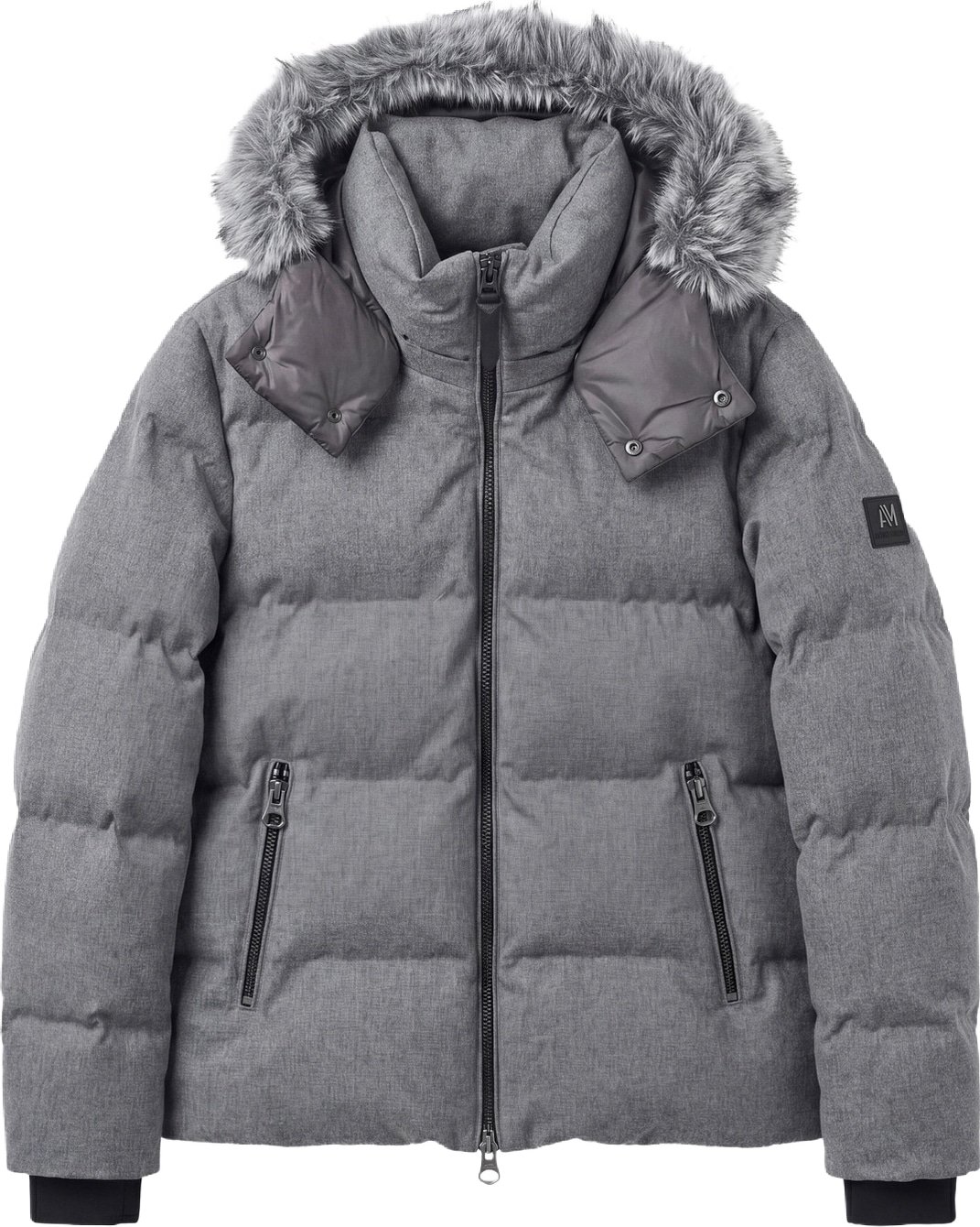 Medium grey melange relaxed-fit coat in herringbone technical fabric with eco-padding and faux fur hood