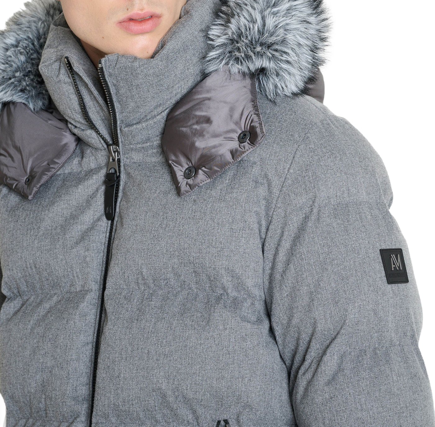 Medium grey melange relaxed-fit coat in herringbone technical fabric with eco-padding and faux fur hood